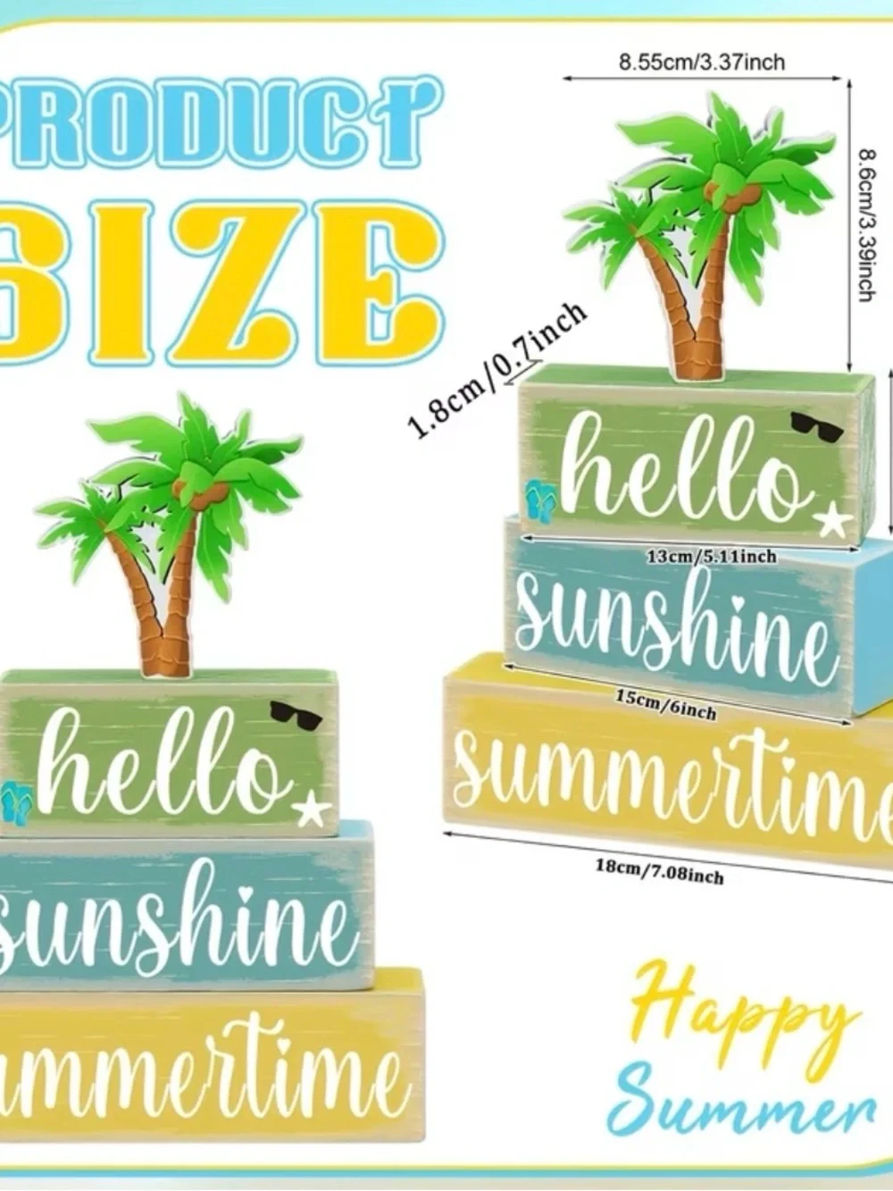 Hello Sunshine Summertime Decorative Wooden Stack - Green/Blue/Yellow